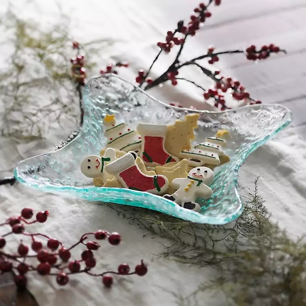 KIRKLANDS Coastal Blue Star Bowl Hammered Glass Decorative Serving Bowl